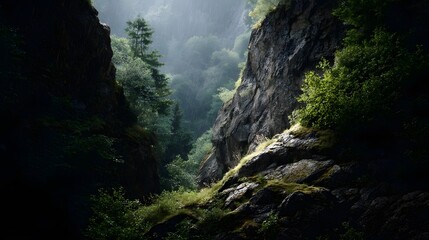 Obraz premium Dramatic gorge landscape with steep sunlit rocky walls and a misty verdant forest in the background