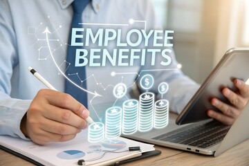 Businessman analyzing employee benefits data with digital charts and coins on his desk