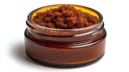 Small glass jar filled with rich textured red chili paste or sauce on a white background