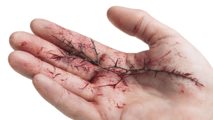 PNG of A close-up of a male hand with intricate red lines resembling veins and a thorny branch resting on the palm.