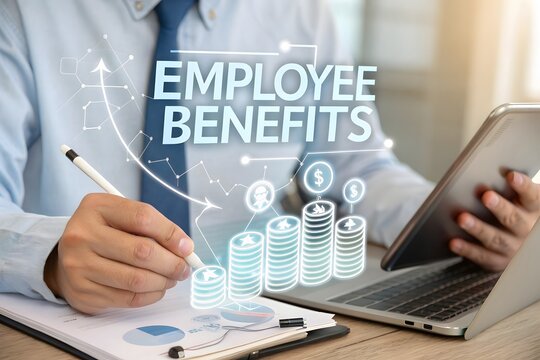Businessman analyzing employee benefits data with digital charts and coins on his desk