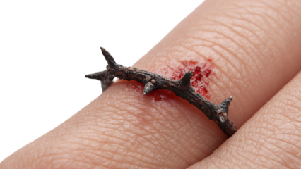PNG of A close-up of a male hand with a thorn ring causing a painful injury, displaying drops of blood against a pale skin tone.