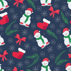 Christmas vector seamless pattern. New Year background with snowman, ribbon,  tree,  Santa. Holliday wallpaper. Template for print, banner, web, gift.