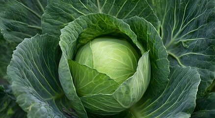 Obraz premium A fresh green cabbage head surrounded by large dark green leaves in a garden. Natural light highlights the texture and layers of the leaves.
