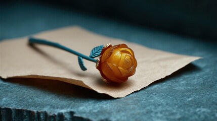 Single dried orange rose on aged paper with textured background
