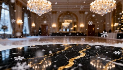 Obraz premium High resolution festive background featuring elegant gold elements on a rich dark blue surface, subtle snowflake texture, ideal for holiday branding, website banners, greeting cards and digital design