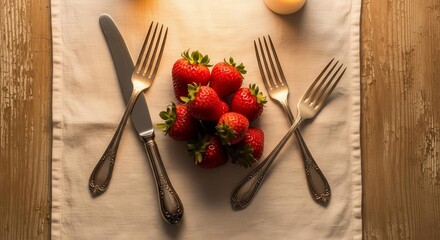 Elegant Table Setting Showcasing Fresh Strawberries, Forks, and Knife on Cloth Surface