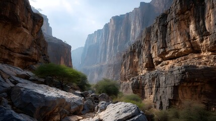 Dramatic canyon landscape with towering rocky cliffs and sparse desert vegetation under a hazy sky