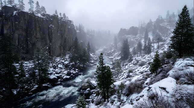 A rushing river winds through a snow covered canyon under a misty winter sky with evergreen trees and rugged cliffs