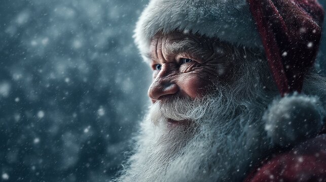 generative ai image of portrait of smiling santa claus with long beard looking away while standing in snow fall against dark blurred background