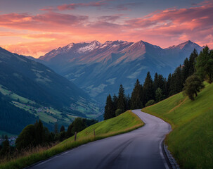 Winding Mountain Road at Sunset with Scenic Valley View