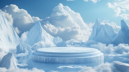 Ice pedestal in a snowy mountain landscape with a cloudy sky, for product display