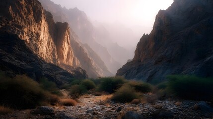 Rugged canyon landscape at sunrise bathed in warm golden light with steep rocky walls and sparse desert brush