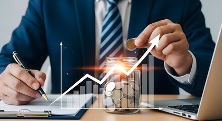 Businessman invests coins in jar with growing financial graph overlay