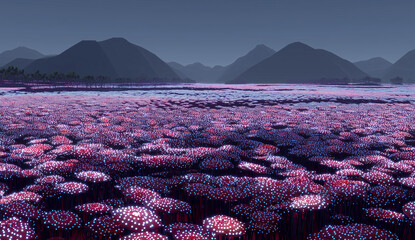 Glowing Neon Flower Field with Mountains at Night