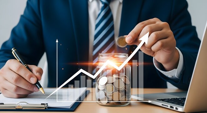 Businessman invests coins in jar with growing financial graph overlay