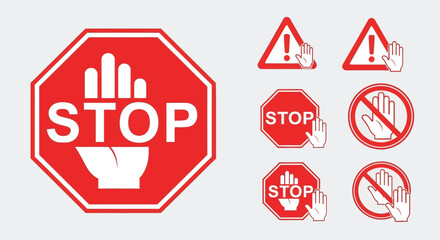 Set of stop hand icons red and white warning and attention signs
