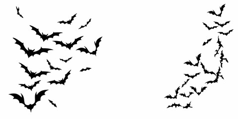 A swarm of black bats flying in formation against a white background for halloween