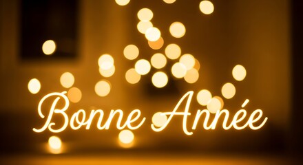 Elegant Bonne Annee greeting with golden bokeh lights background.