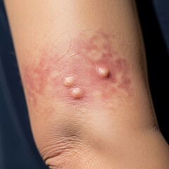 Fototapeta premium Close-up of a persons arm with multiple red, inflamed skin lesions and blisters, possibly from an insect bite or allergic reaction.