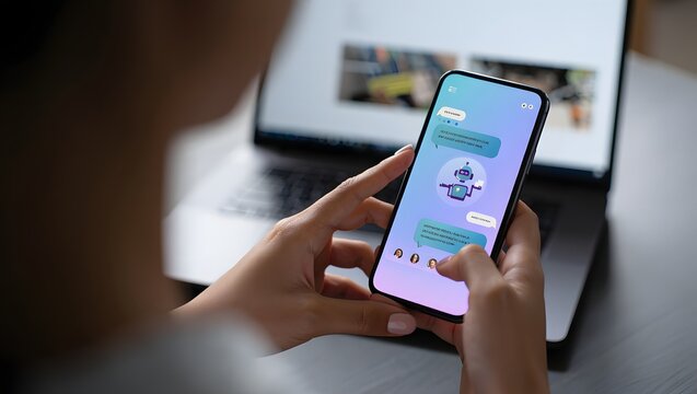 Person holding a smartphone with a colorful app interface in front of a laptop