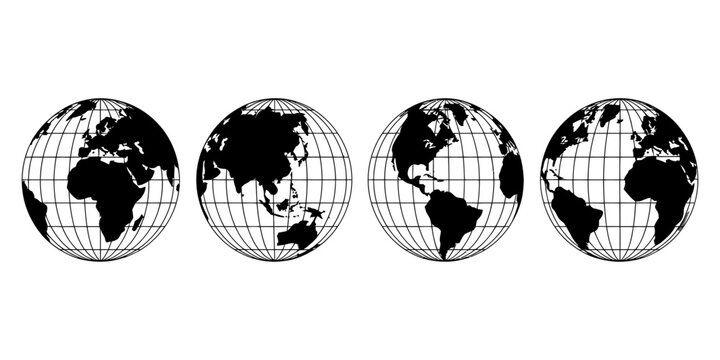 Earth globe collection featuring four horizontal wireframe spheres, solid continents, white grid overlay, balanced composition global map, and educational design projects