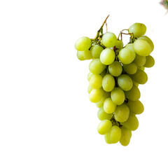 A bunch of green grapes hanging down with a black background and some leaves on the top right side