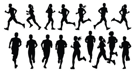 Set of running people silhouettes diverse men and women in motion illustration fitness and sports designs