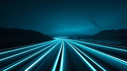 Futuristic highway with light trails under a starry night sky - Powered by Adobe