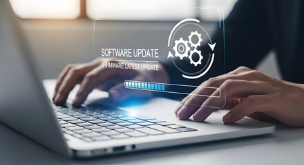 Hands typing on laptop with digital interface showing automation and process optimization