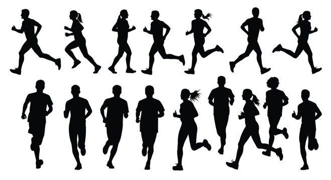 Set of running people silhouettes diverse men and women in motion illustration fitness and sports designs