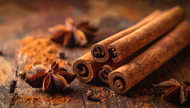 Macro Still Life of Assorted Spices Including Cinnamon Sticks Star Anise and Ground Cinnamon on Burlap Fabric with Soft Lighting and Earthy Tones
