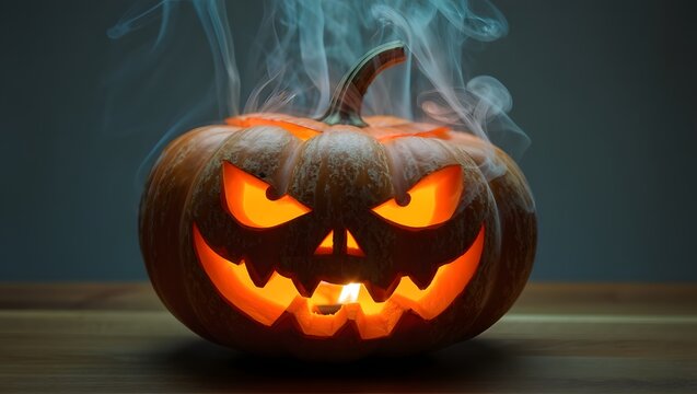 Spooky jack o lantern with glowing eyes and smoky breath on halloween night