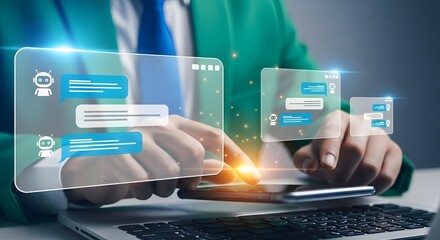 Person interacting with futuristic holographic chat interface on a digital device