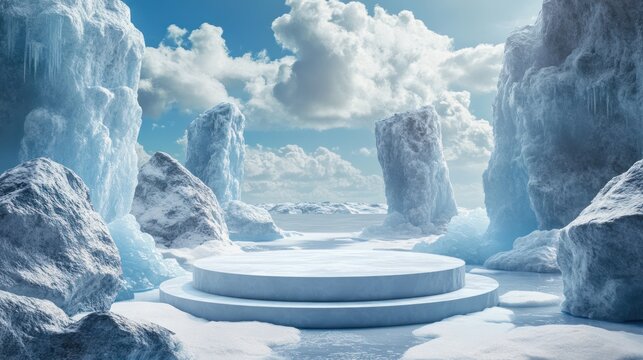 Arctic winter scene, icy platform, product display, snowy background, advertisement