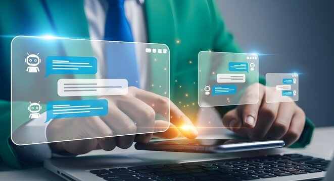 Person interacting with futuristic holographic chat interface on a digital device