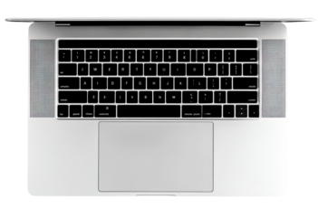 Open laptop, top view, silver chassis, black keyboard