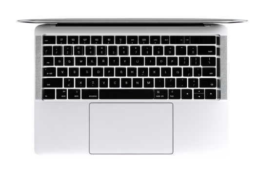 Open laptop, top view.  Light gray chassis, black keyboard, touch pad