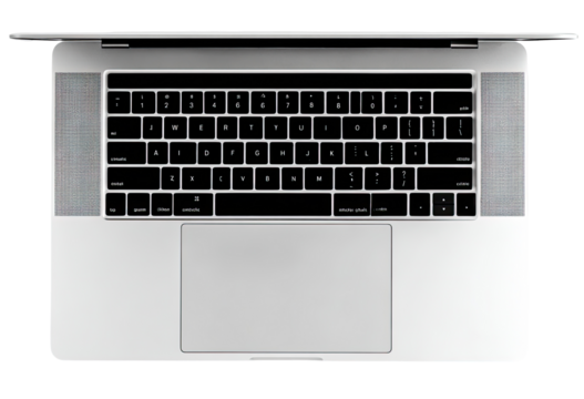 Open laptop, top view, silver chassis, black keyboard