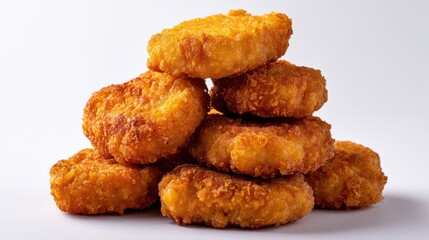 Pile of golden brown crispy chicken nuggets stacked against a clean white background