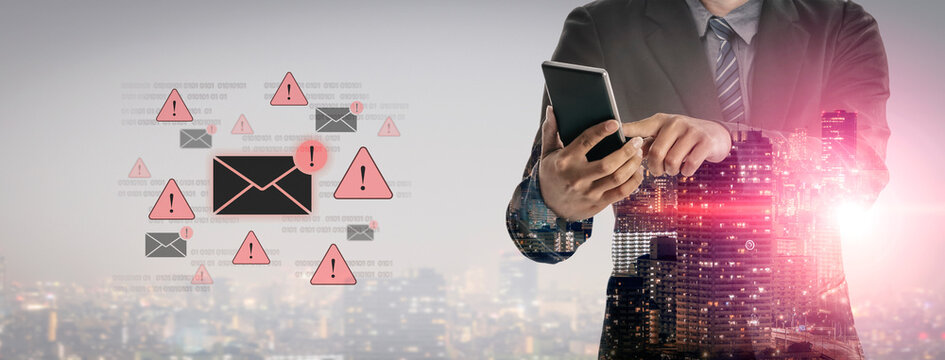 Concept of a cybersecurity warning for unsafe email communication. This alert signifies a phishing attack, spam, or malware risk that requires immediate attention to prevent fraud. Fermion