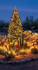 Fototapeta premium Desert Christmas - Illuminated Tree and Cacti at Twilight.