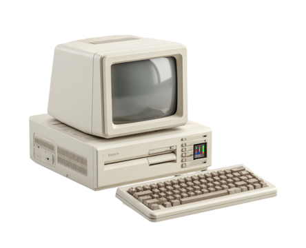 Vintage cream-colored computer system.  Retro desktop computer with monitor, keyboard, and system unit.  Classic 80s or 90s design.  Simple, uncluttered image