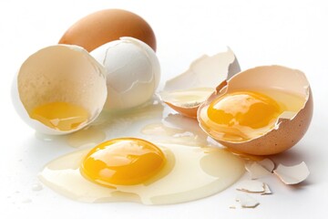broken chicken eggs with yolk isolated on white background with clipping path. Ingredient for making breakfast - 