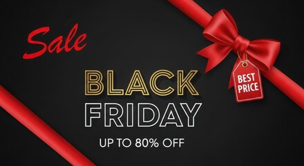 Black Friday Sale with Red Ribbons and Best Price Tag