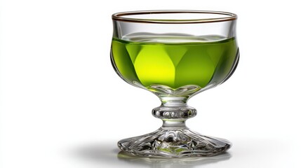 Clear glass goblet filled with vibrant green liquid on a white background