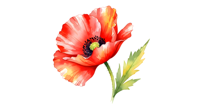 Watercolor red poppy flower isolated on transparent background with green leaf - Powered by Adobe