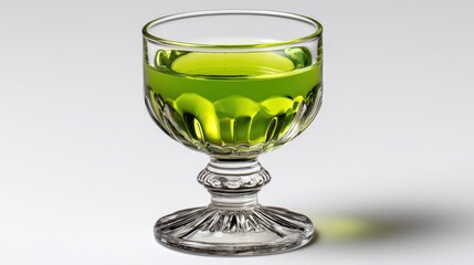 A glass of bright green absinthe with a sugar cube and water drip on a white background