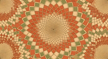 Illustration of kaleidoscopic geometric pattern with a spiral effect, composed of small squares in warm orange, green, and beige tones