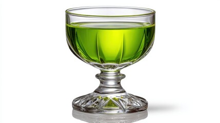 A clear glass goblet filled with a vibrant green alcoholic beverage on a white background